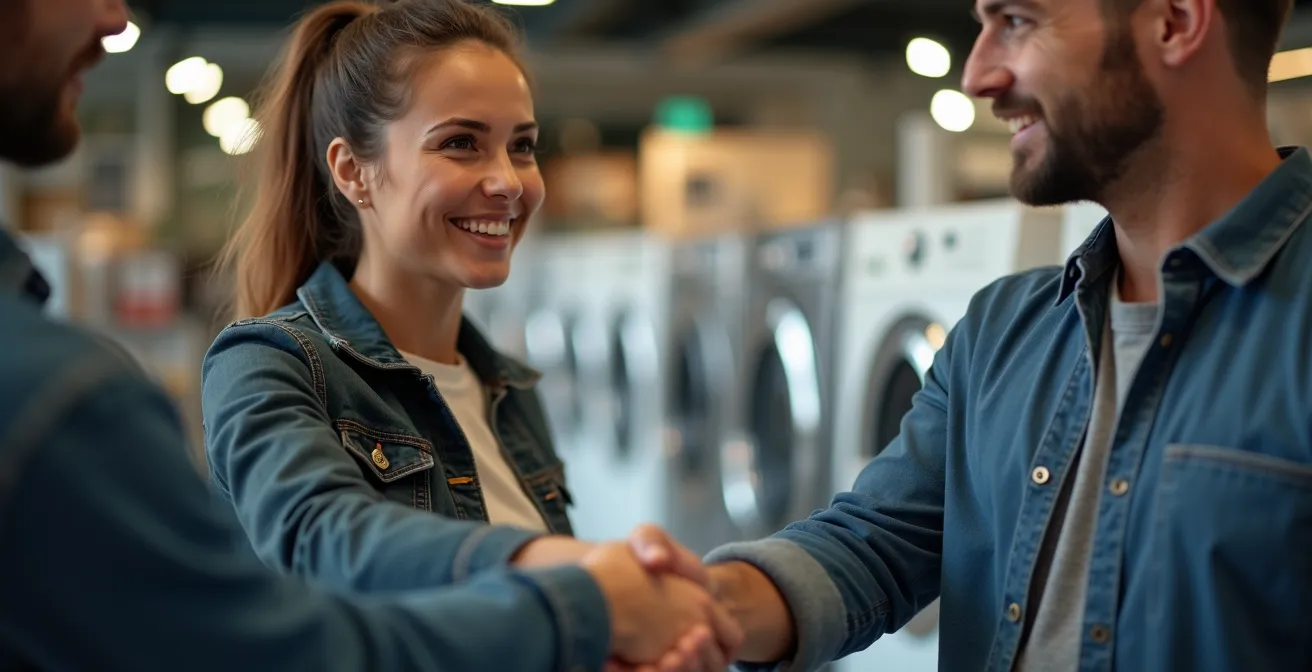 Interaction entre vendeur et client dans un magasin d'électroménager