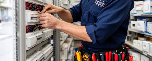 Électricien inspectant panneau de distribution dans arrière-boutique commerciale