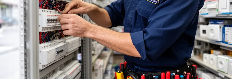 Électricien inspectant panneau de distribution dans arrière-boutique commerciale