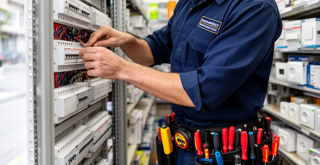 Électricien inspectant panneau de distribution dans arrière-boutique commerciale