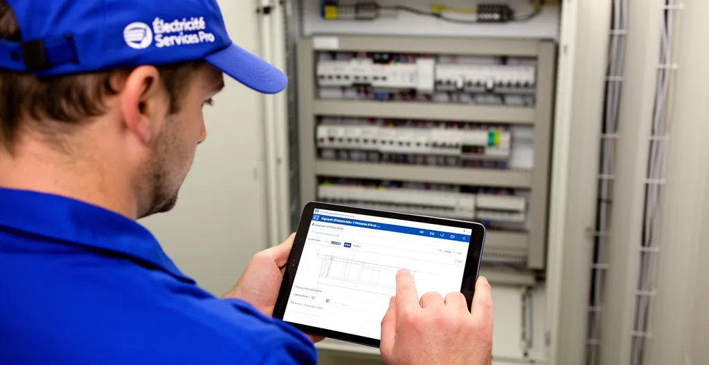 Technicien vérifiant installation électrique avec tablette numérique