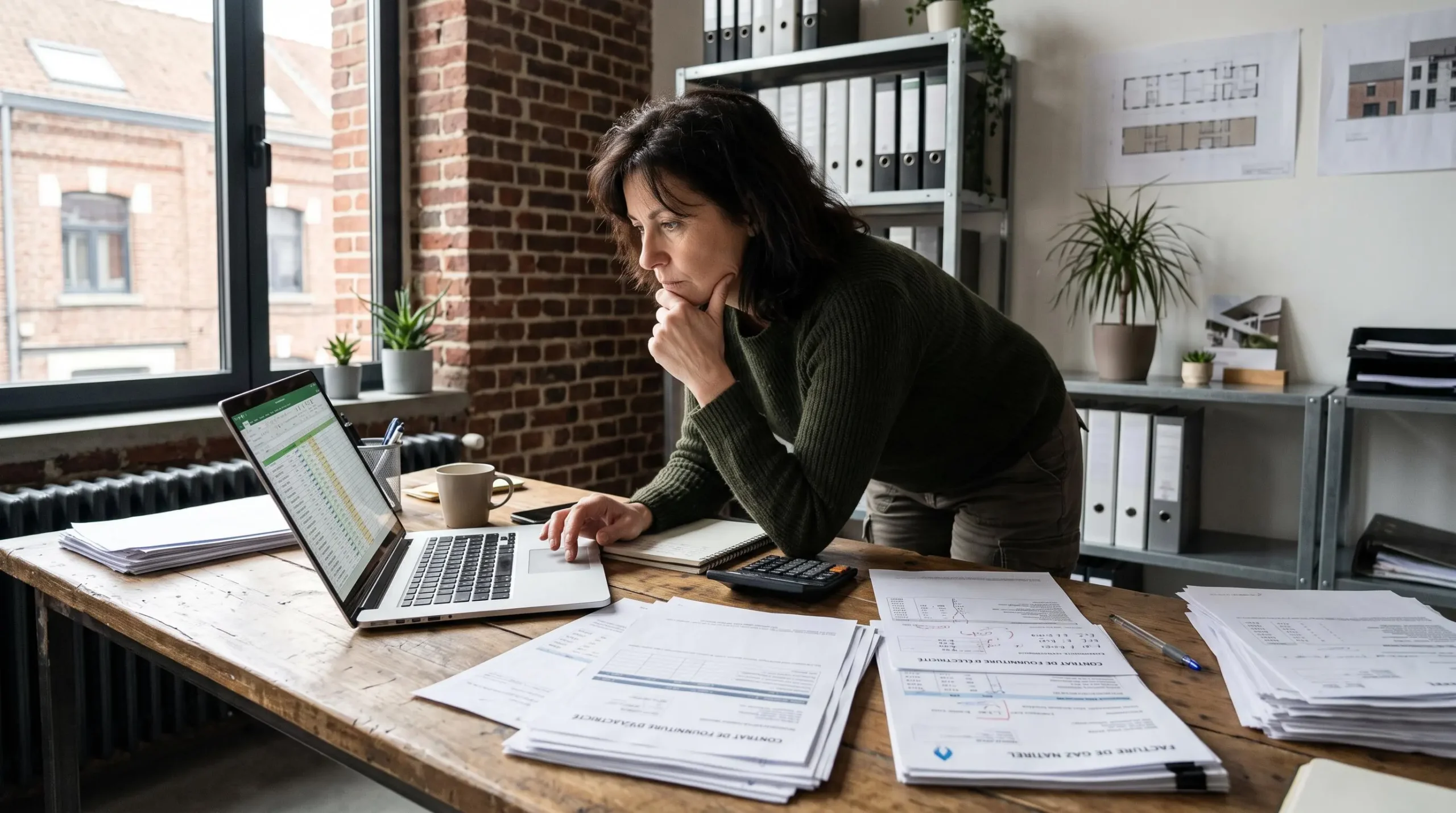 Bureau de syndic avec documents de contrats énergétiques étalés pour analyse comparative des offres