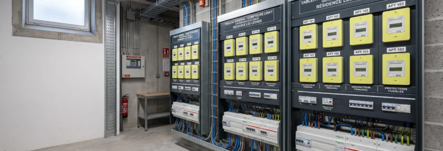 Tableau électrique général d'une copropriété moderne avec compteurs Linky et câblage organisé dans un local technique propre
