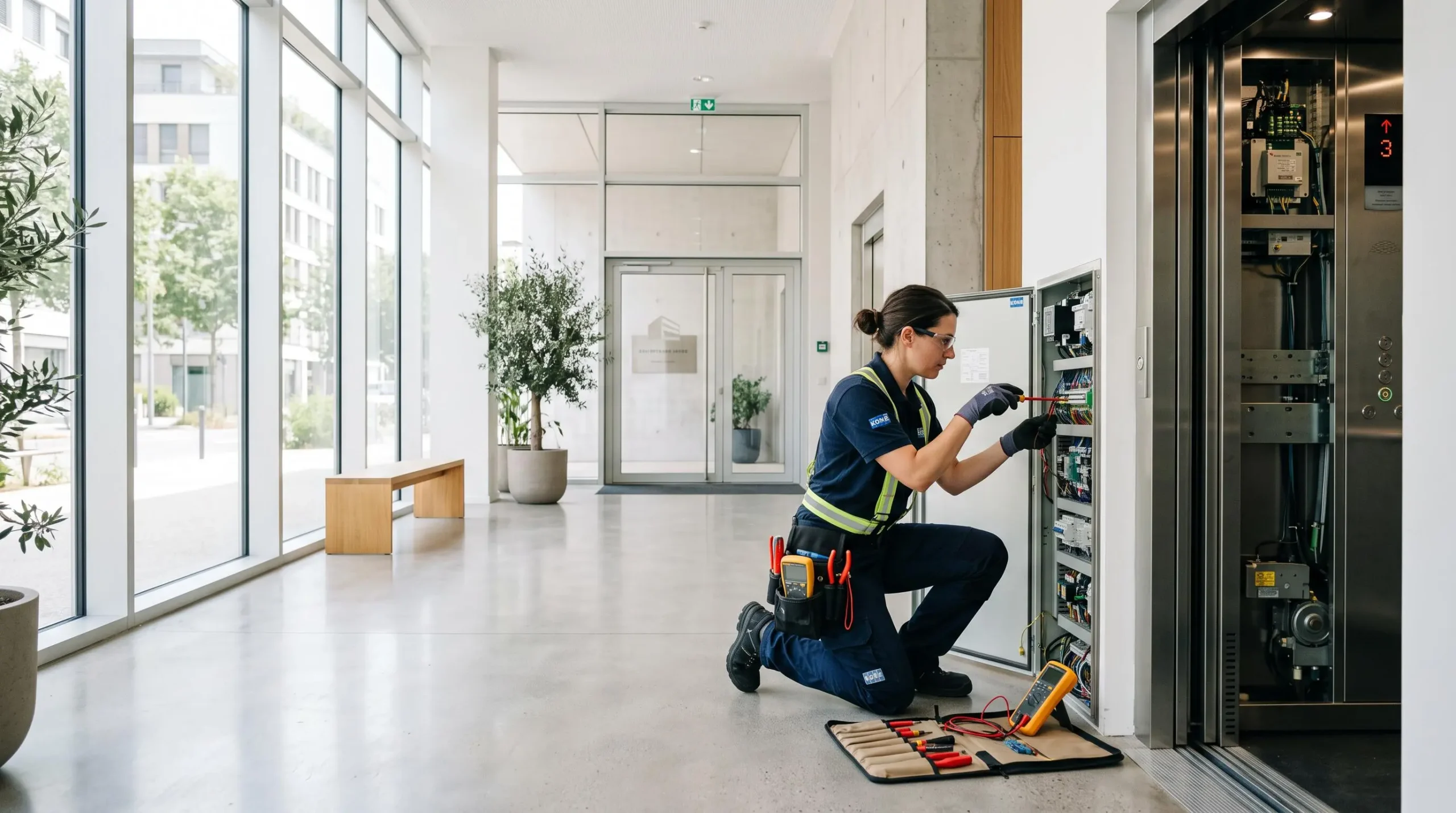 Technicien effectuant une maintenance sur le système de commande d'ascenseur dans le hall d'un immeuble résidentiel